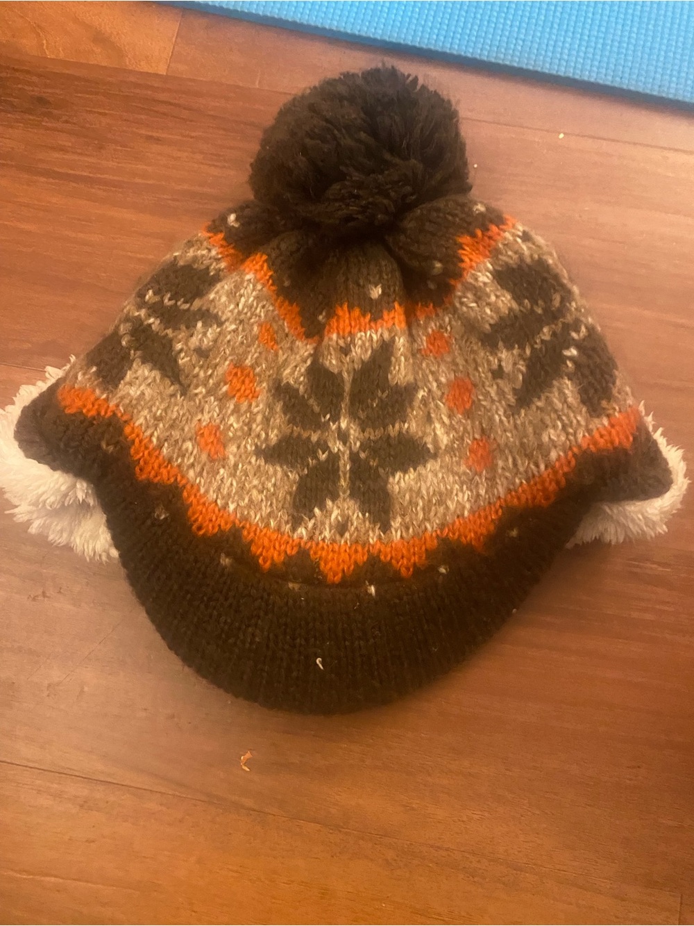 Kids Brown and Orange Knit Pom-Pom Winter Hat